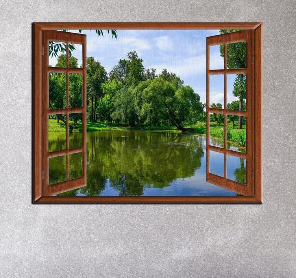 A window with a lake and trees