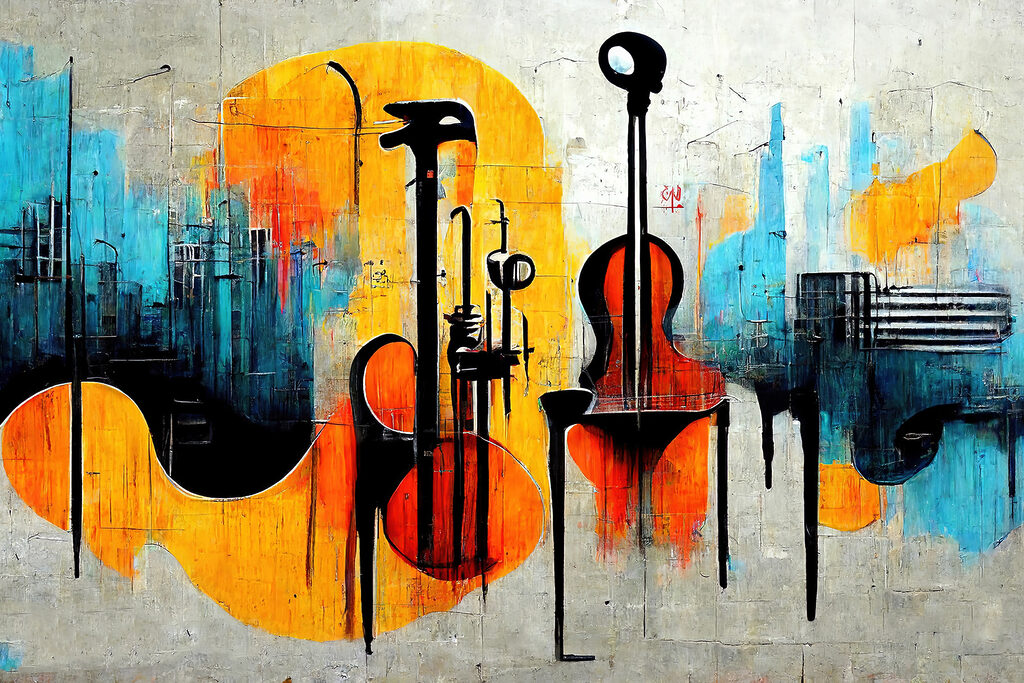 A painting of guitars and instruments A painting of guitars and instruments