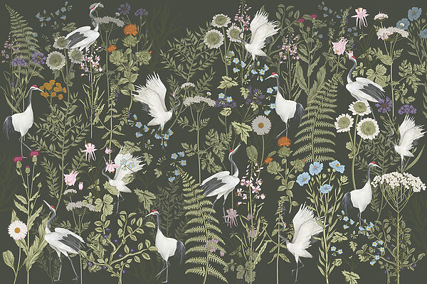A wallpaper with birds and flowers