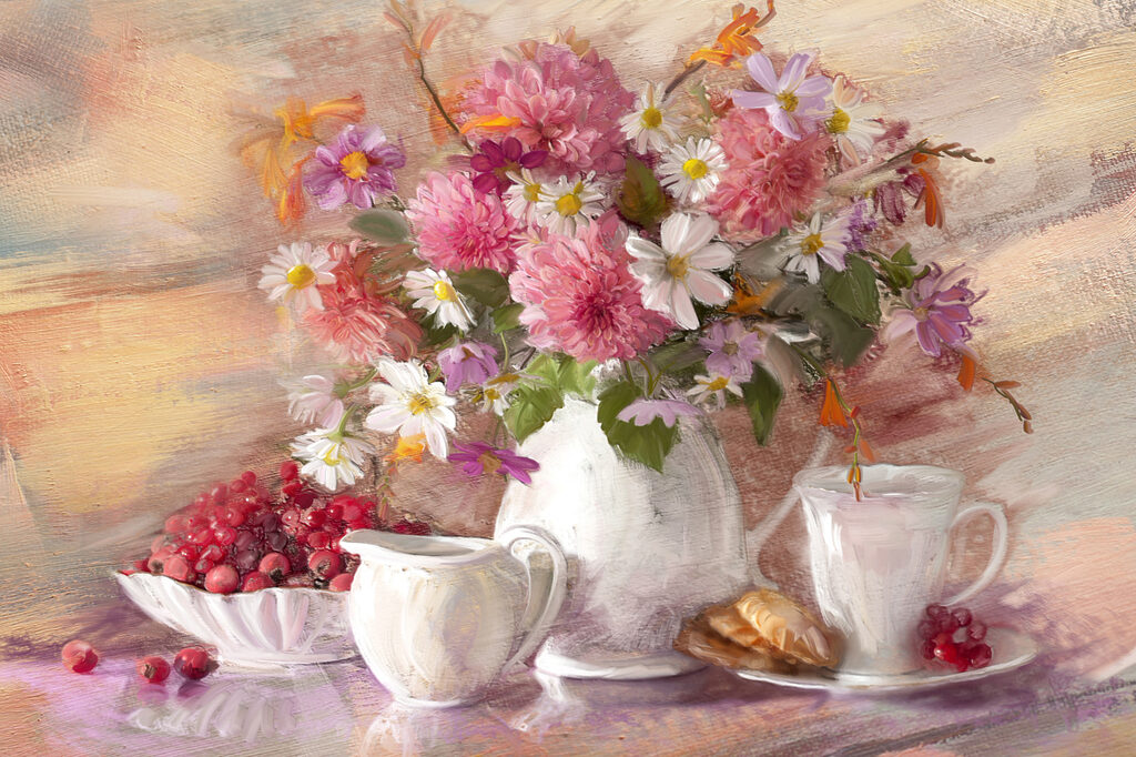 A painting of flowers in a vase and a bowl of croissants