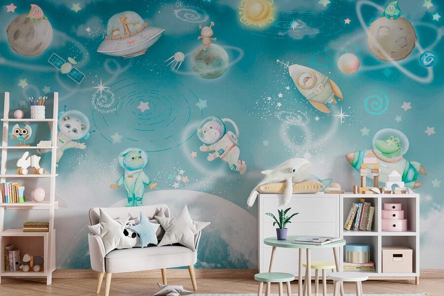 O scenă spațială de desene animate cu planete și stele O scenă spațială de desene animate cu planete și stele