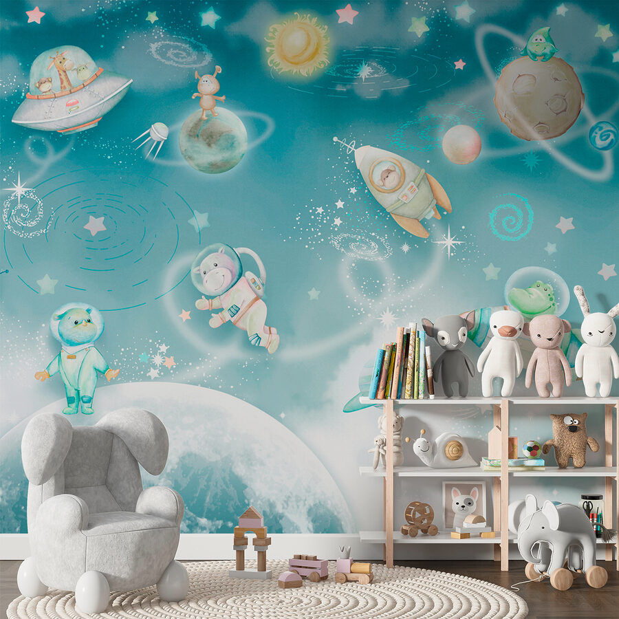 O scenă spațială de desene animate cu planete și stele O scenă spațială de desene animate cu planete și stele