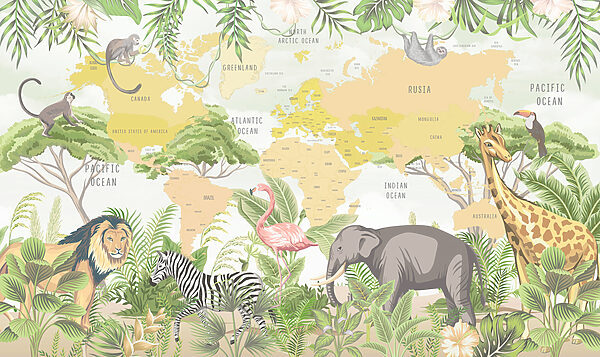 A map of the world with animals