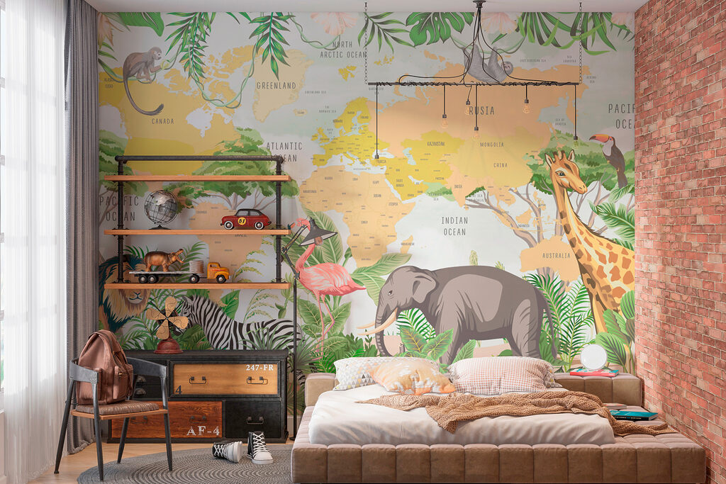 A map of the world with animals