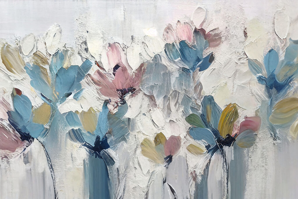 A painting of flowers on a white surface A painting of flowers on a white surface