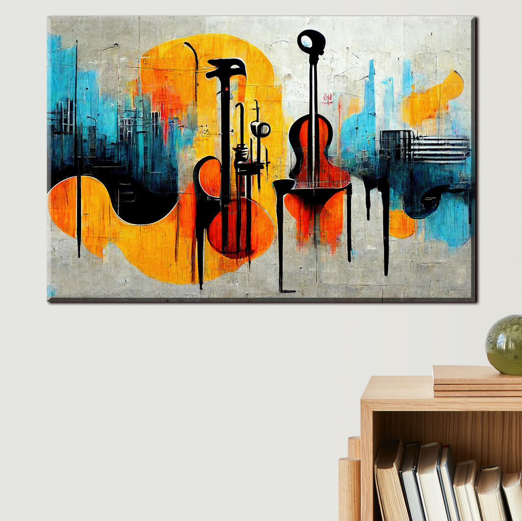 A painting of guitars and instruments A painting of guitars and instruments