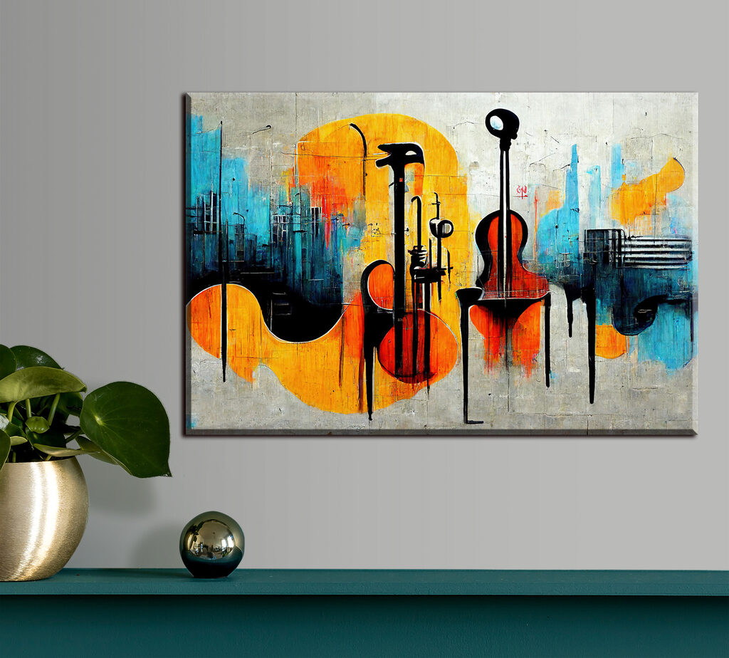A painting of guitars and instruments A painting of guitars and instruments