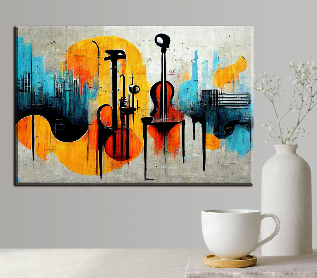 A painting of guitars and instruments A painting of guitars and instruments