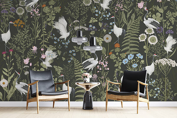 A wallpaper with birds and flowers