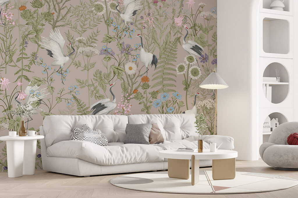 A wallpaper with birds and plants