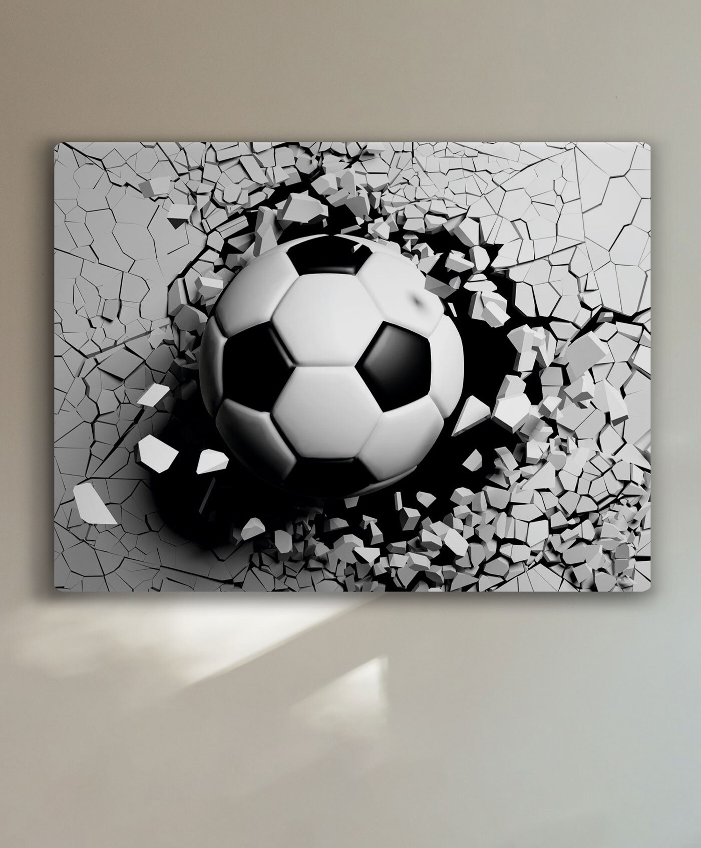A football ball breaking through a wall