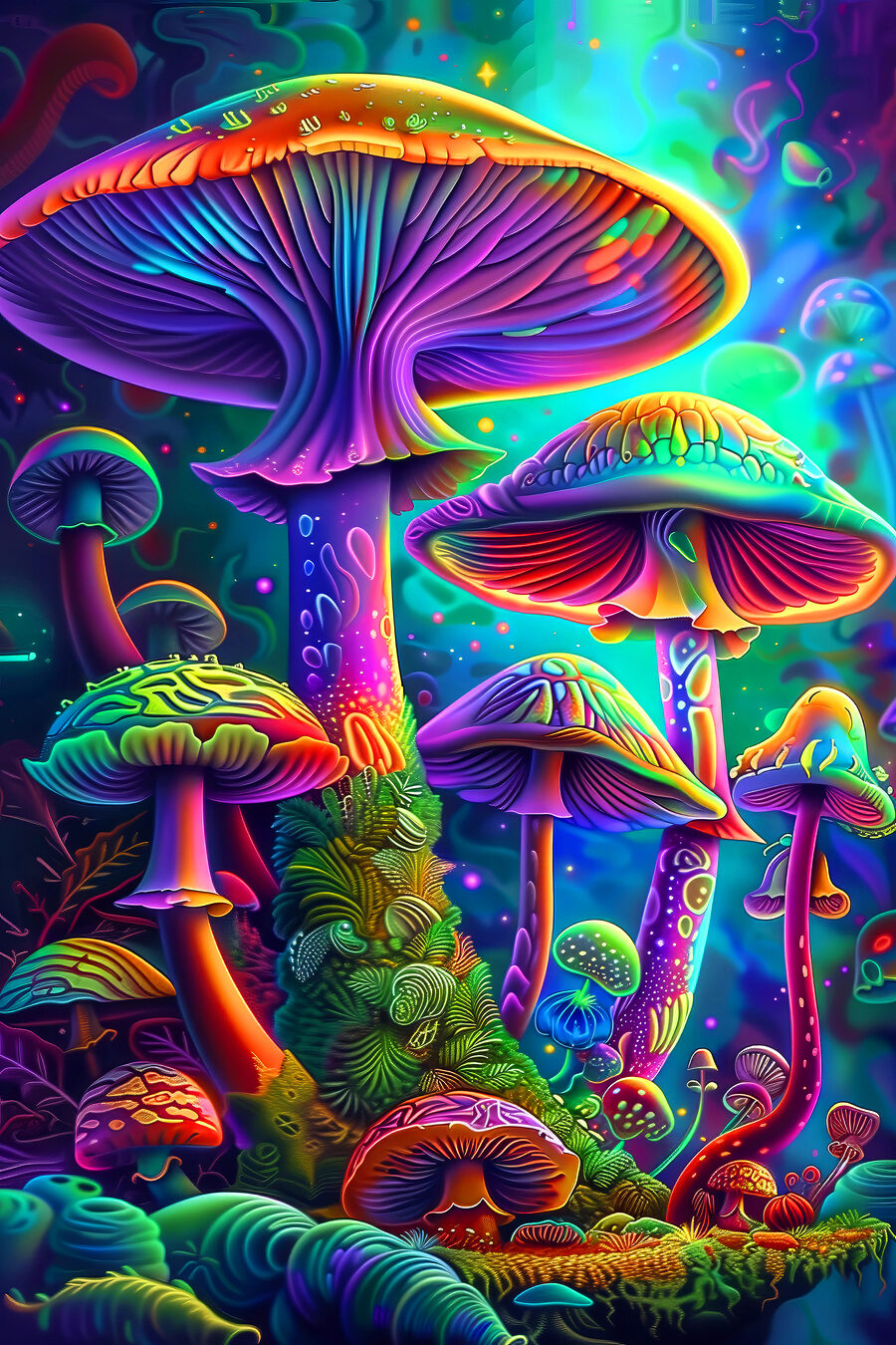 Un grup de ciuperci colorate