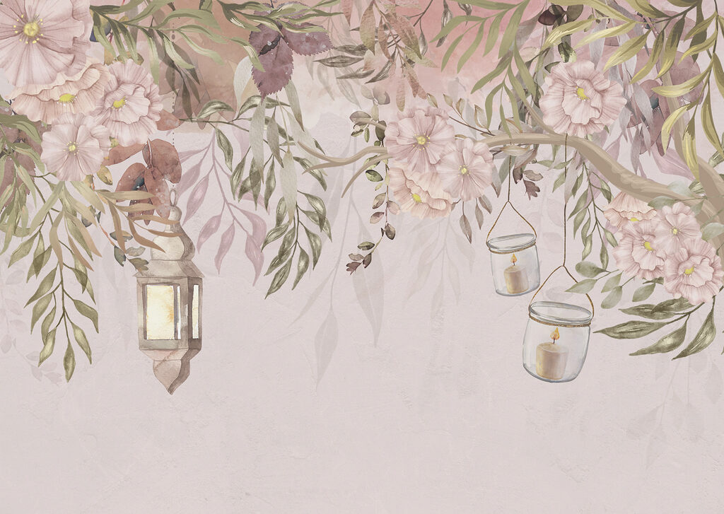 A painting of a tree with flowers and lanterns A painting of a tree with flowers and lanterns