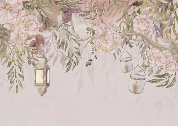 A painting of a tree with flowers and lanterns A painting of a tree with flowers and lanterns