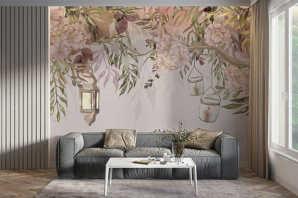 A painting of a tree with flowers and lanterns A painting of a tree with flowers and lanterns