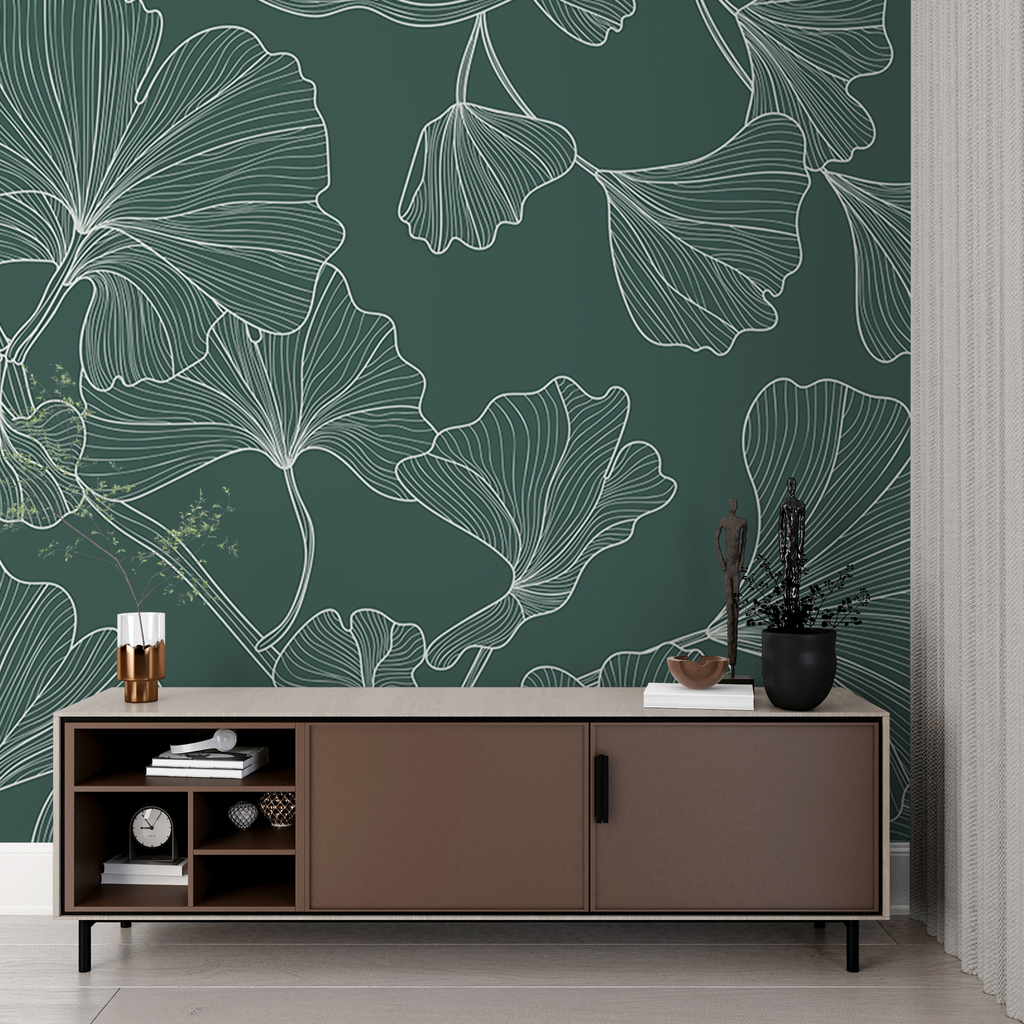 A pattern of leaves on a green background