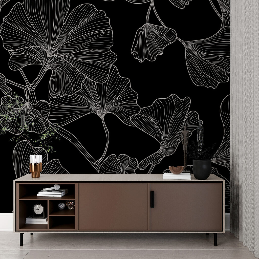 A black and white pattern of leaves