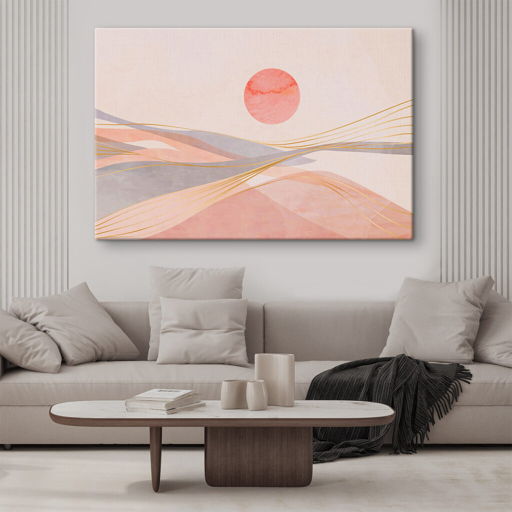 A pink and grey waves with a red sun