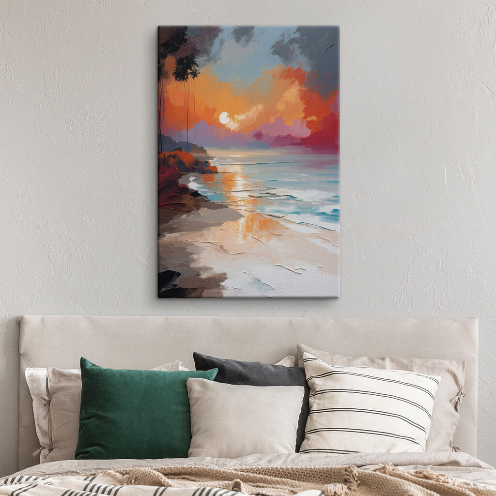 A painting of a beach with palm trees and a sunset