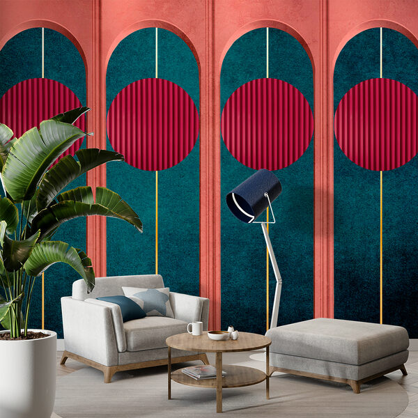 A wall with red circles and blue and green walls A wall with red circles and blue and green walls