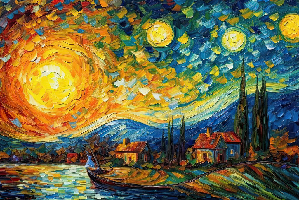 A painting of a house and a boat on a lake A painting of a house and a boat on a lake