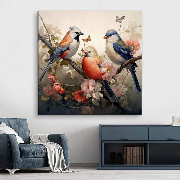 A group of birds on a branch with flowers A group of birds on a branch with flowers