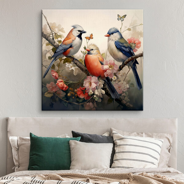 A group of birds on a branch with flowers A group of birds on a branch with flowers