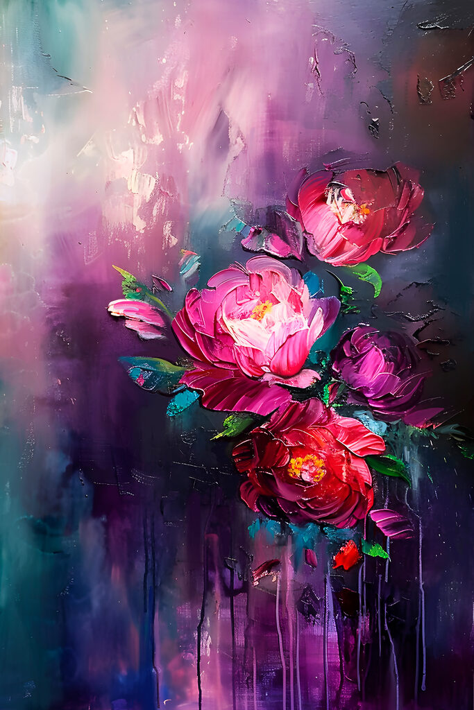 A painting of flowers on a purple background A painting of flowers on a purple background