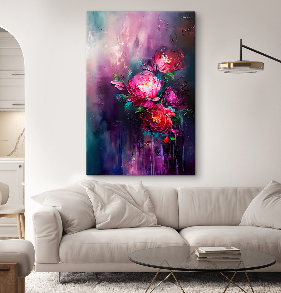 O pictură de flori pe un fundal violet
