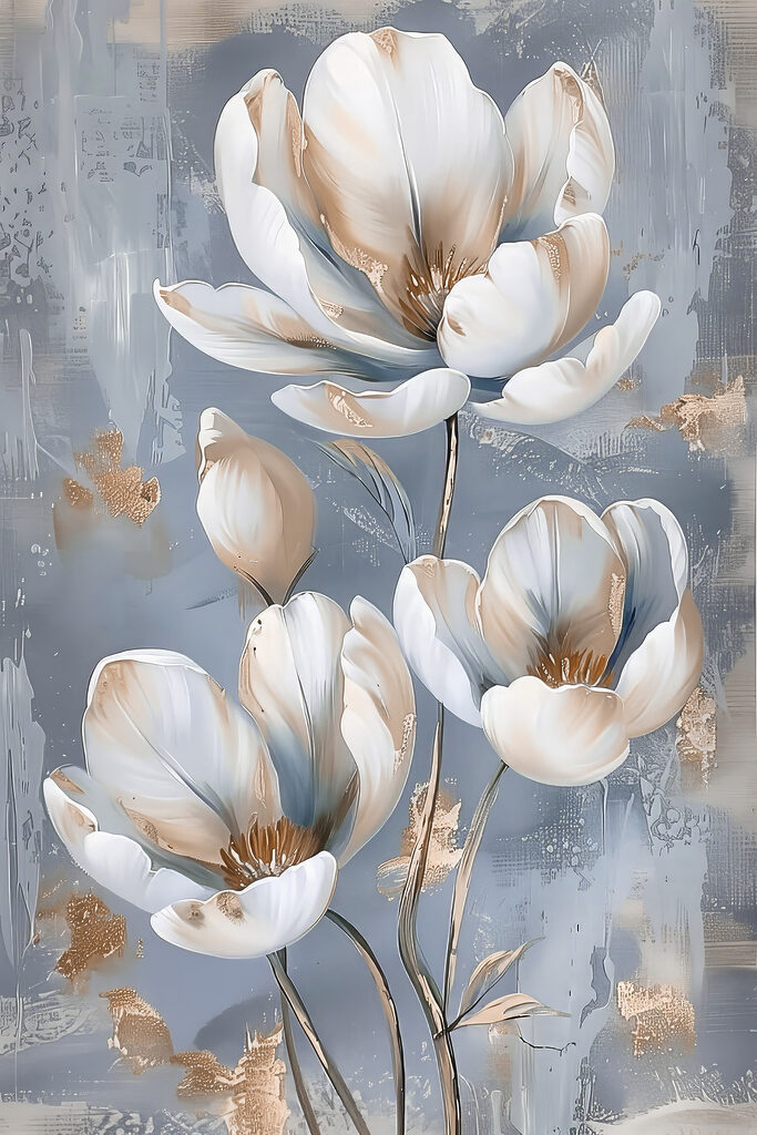 A painting of flowers on a blue background
