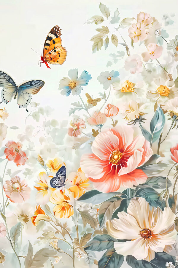 A painting of flowers and butterflies A painting of flowers and butterflies