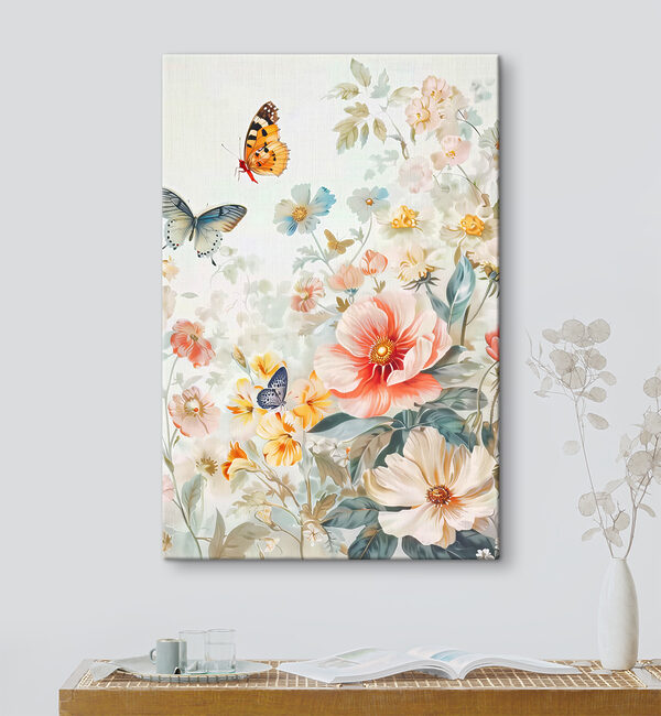 A painting of flowers and butterflies A painting of flowers and butterflies