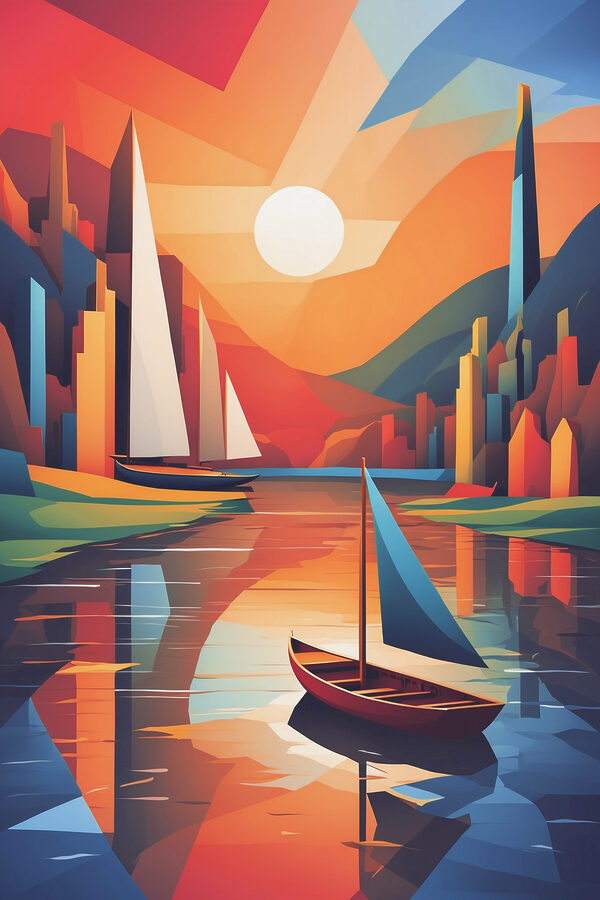 A painting of boats on a river A painting of boats on a river