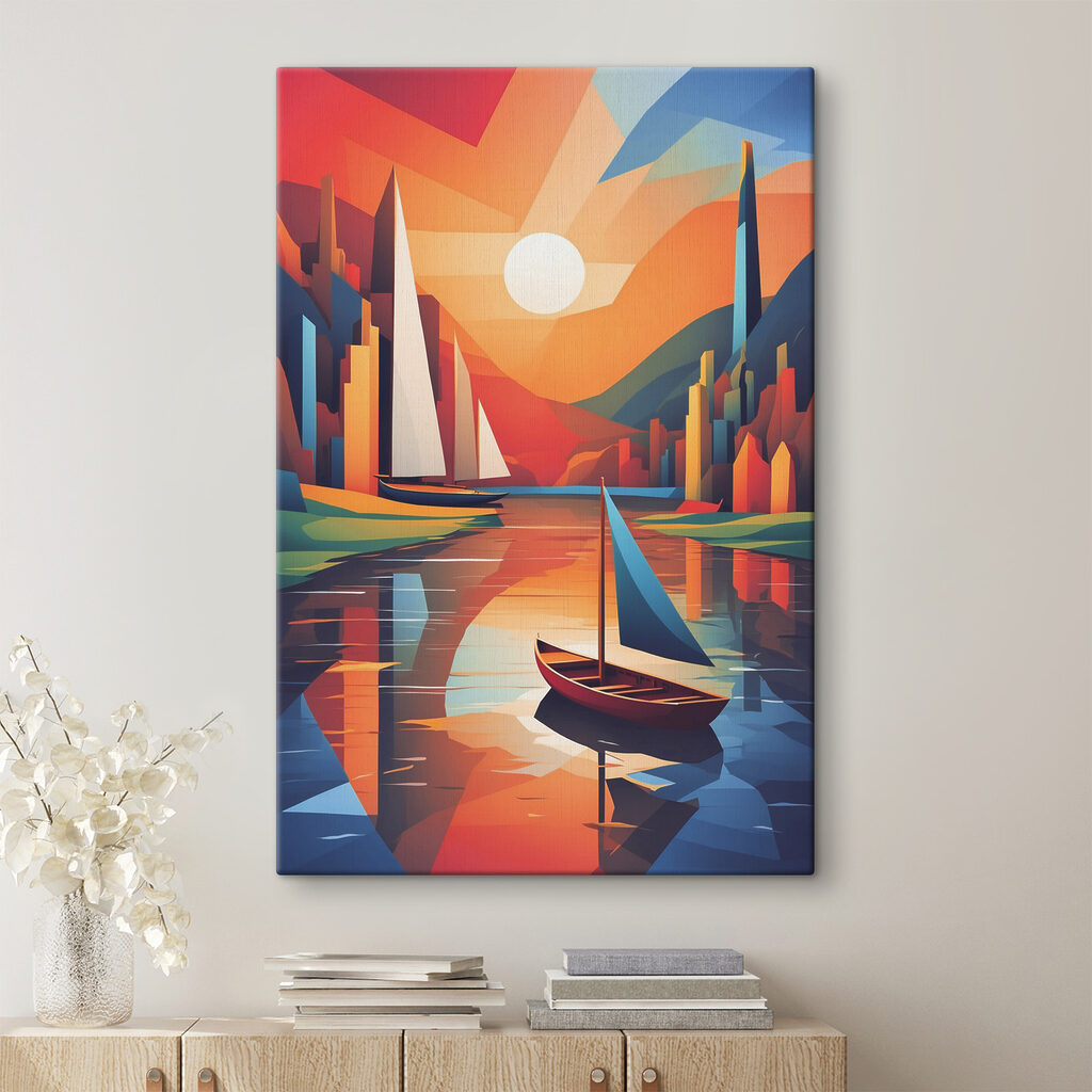 A painting of boats on a river A painting of boats on a river