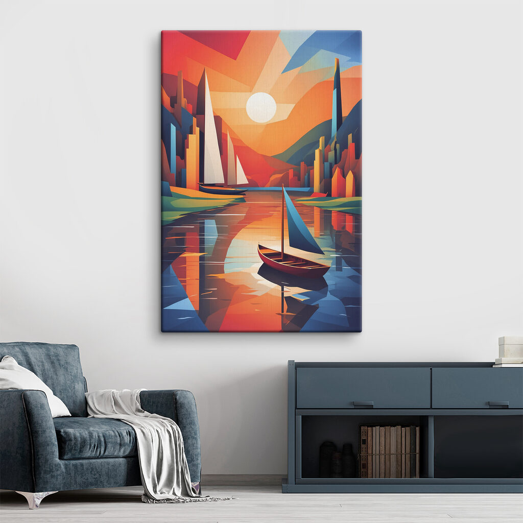 A painting of boats on a river A painting of boats on a river