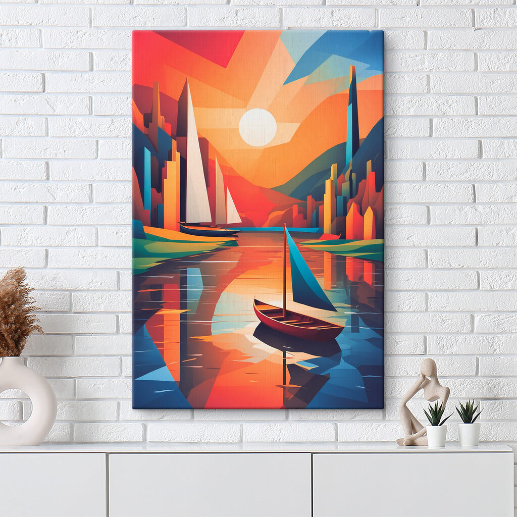 A painting of boats on a river A painting of boats on a river