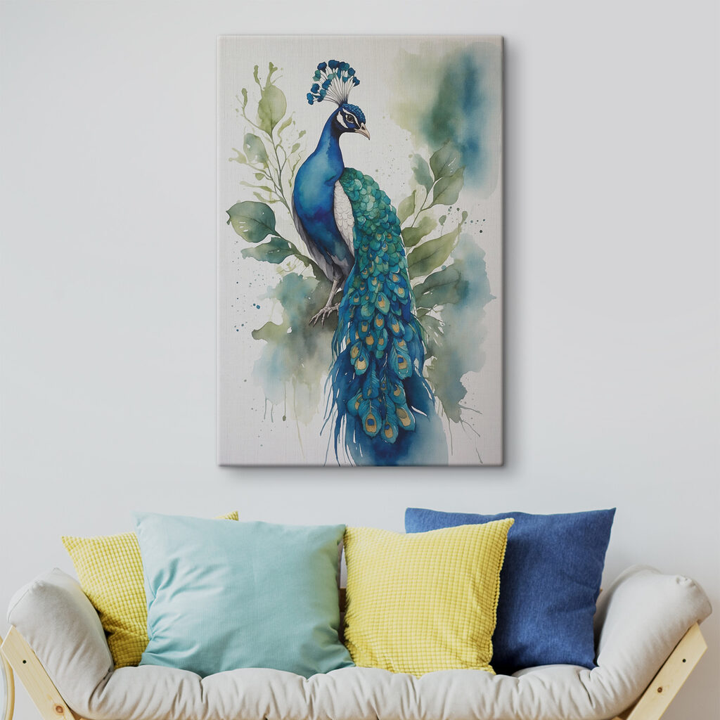 A watercolor of a peacock