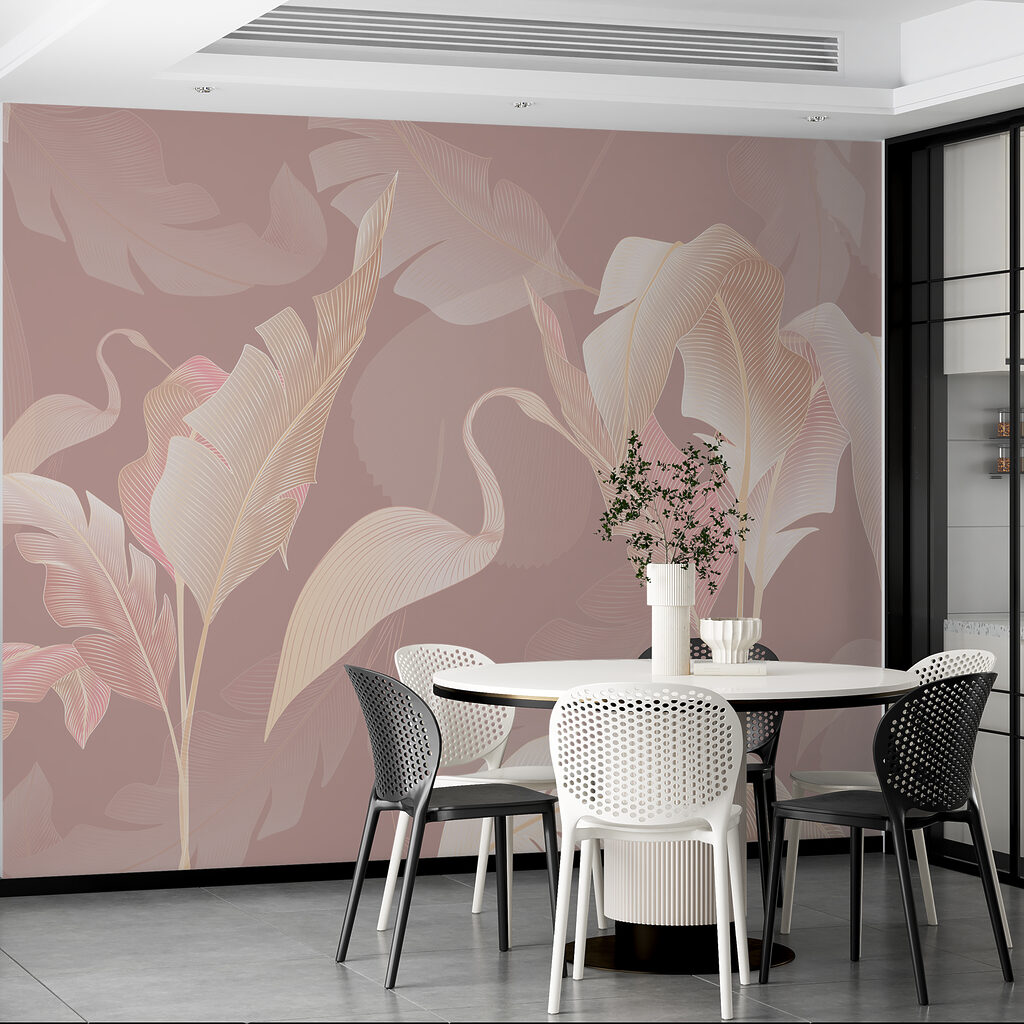A pattern of feathers on a pink background