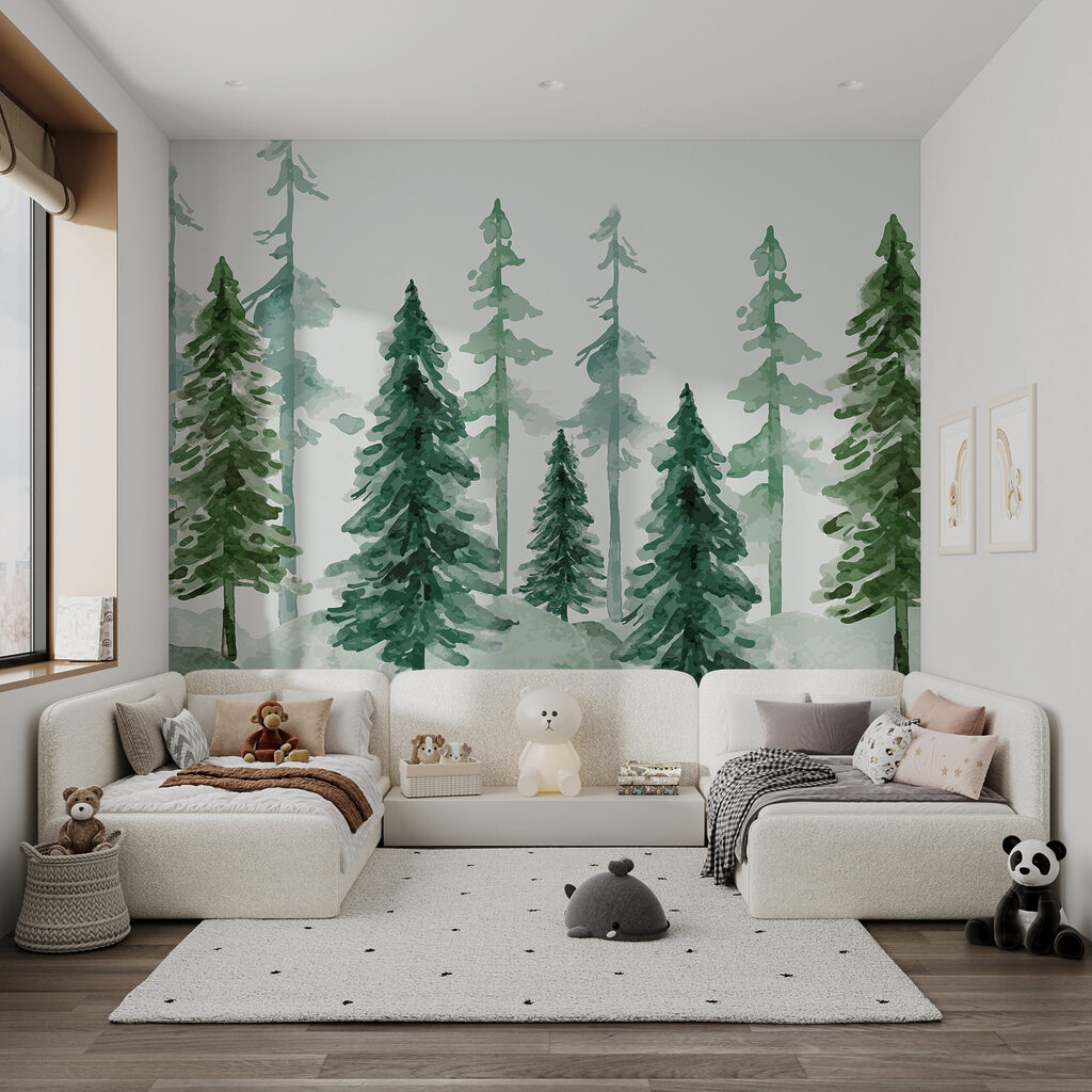 A group of trees in a snowy forest