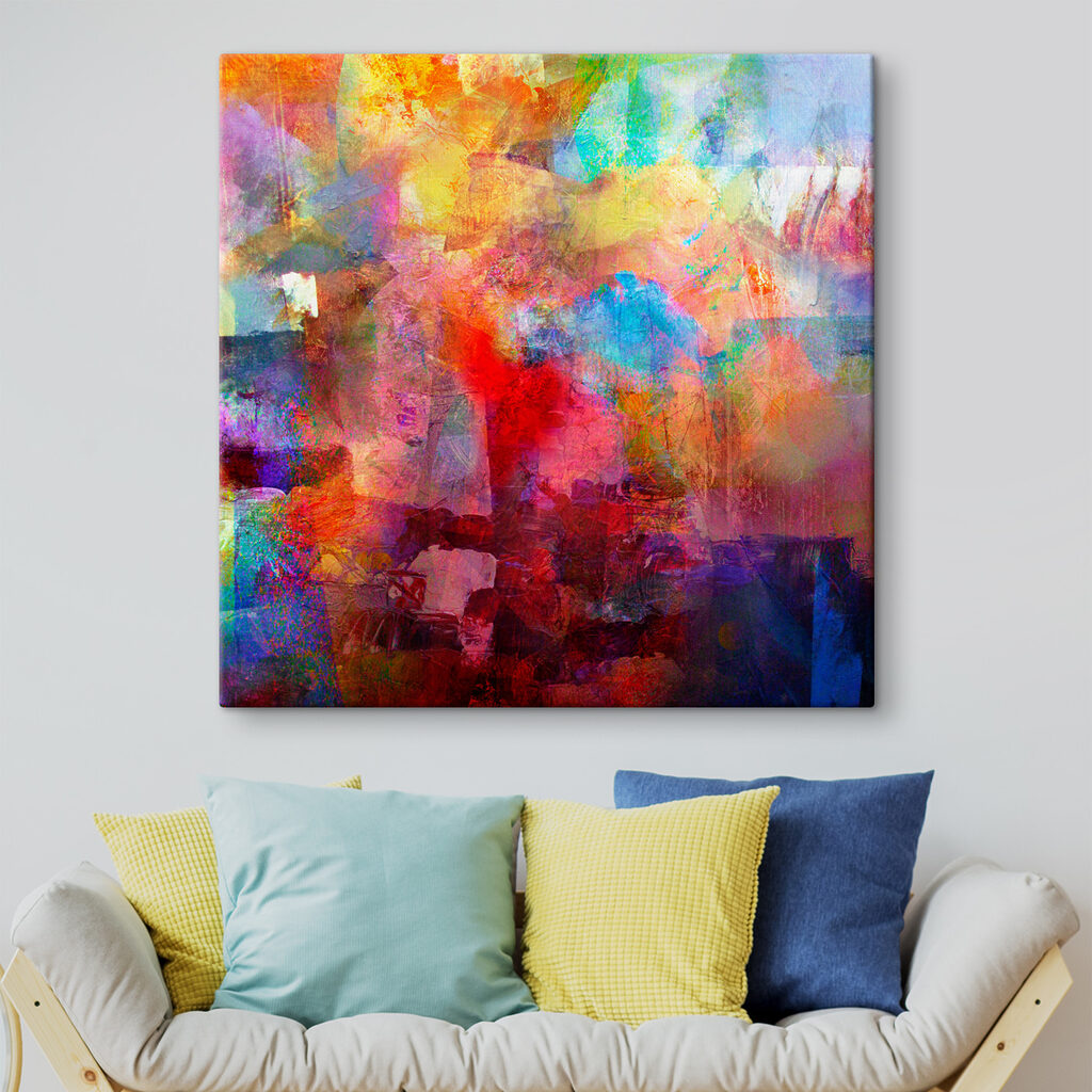 A colorful painting of a city