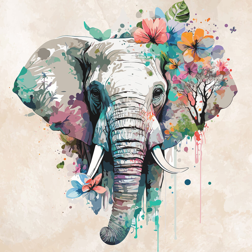 An elephant with flowers and leaves