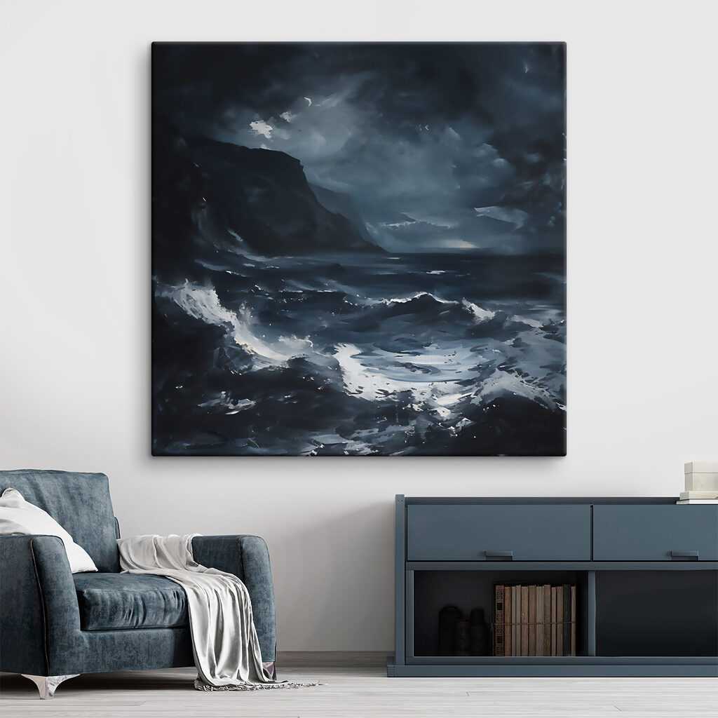 A stormy sea with mountains and clouds