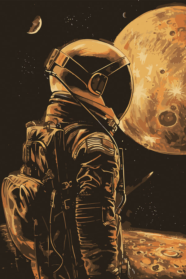 A person wearing a helmet and standing in space A person wearing a helmet and standing in space