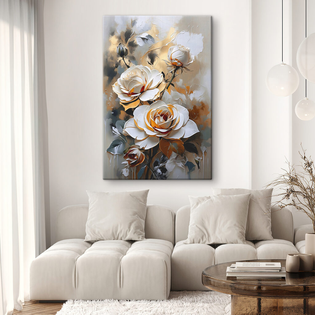 A painting of white roses
