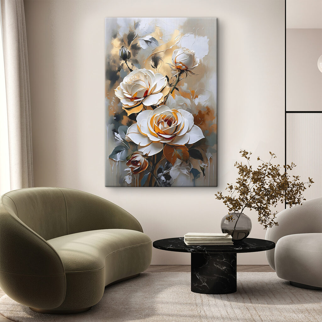 A painting of white roses