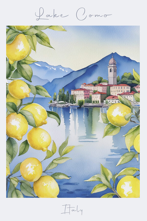 Watercolor painting of a city and mountains with yellow lemons Watercolor painting of a city and mountains with yellow lemons