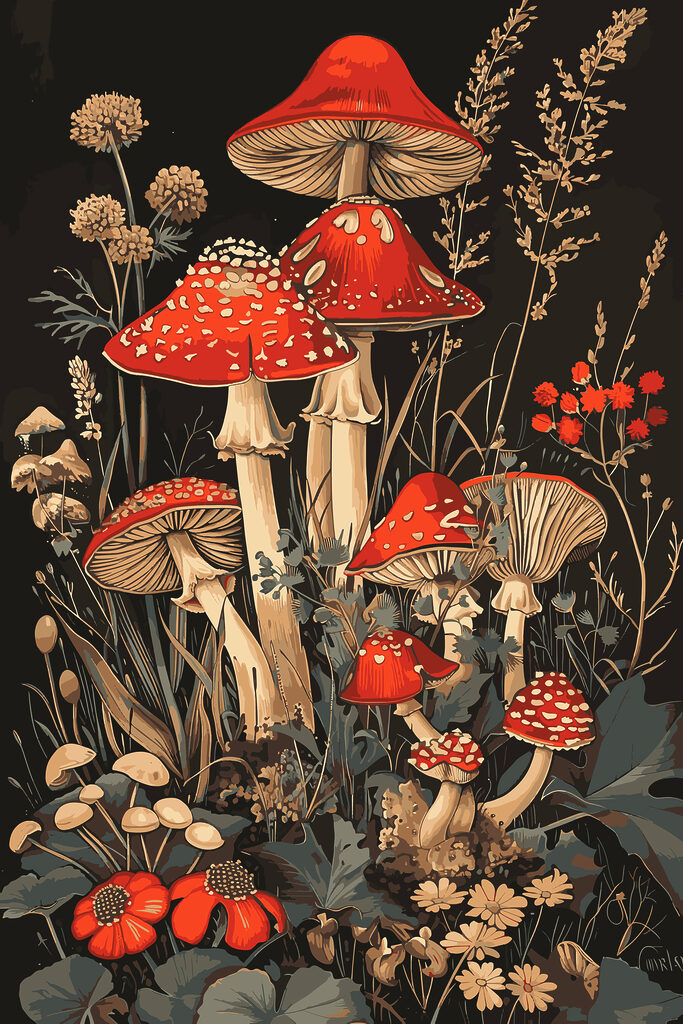 A painting of mushrooms and plants A painting of mushrooms and plants
