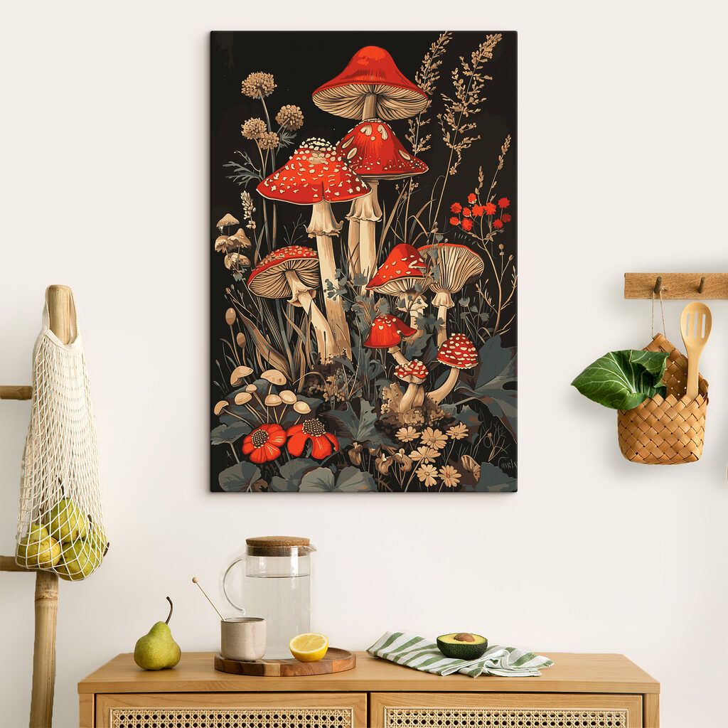 A painting of mushrooms and plants A painting of mushrooms and plants