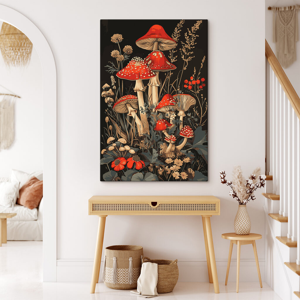 A painting of mushrooms and plants A painting of mushrooms and plants