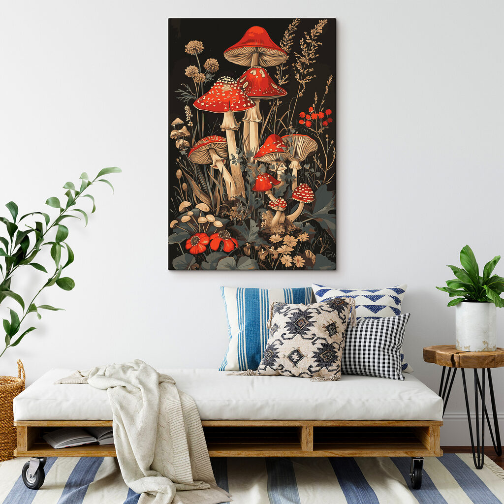 A painting of mushrooms and plants A painting of mushrooms and plants